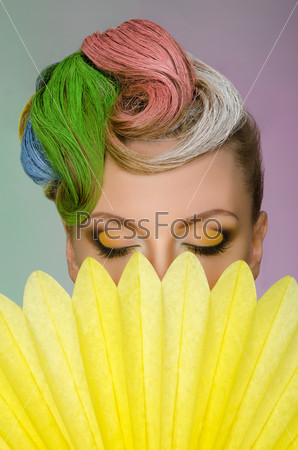 Beautiful woman with colorful hair color background