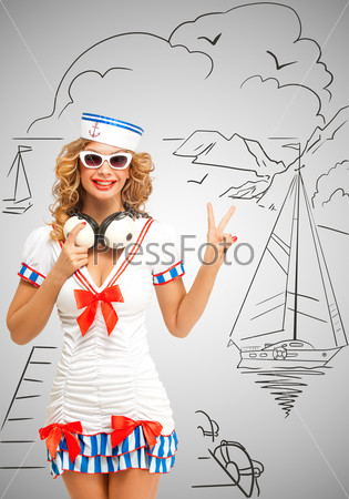 Retro photo of a fashionable pin-up sailor girl in sunglasses, holding big vintage music headphones around her neck and showing V-sign with her fingers on grey sketchy background of a yacht club.