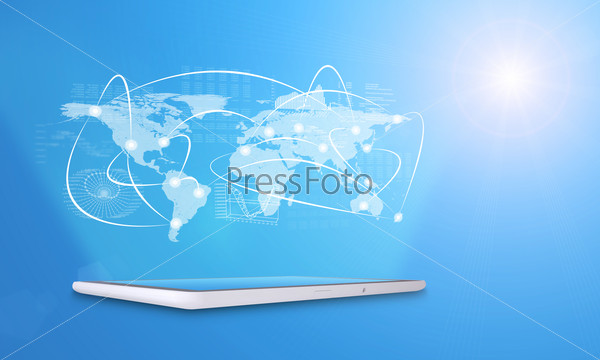 Tablet with virtual world map, graphs and connected lines on blue background