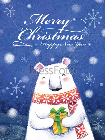 lovely hand drawn polar bear holding a gift isolated on snowy background