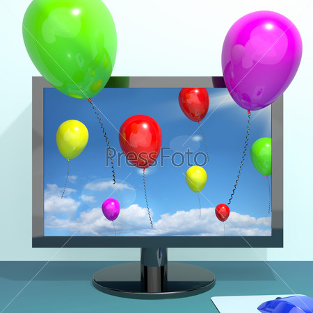 Festive Colorful Balloons In The Sky And Coming Out Of Screen For Online Celebrations