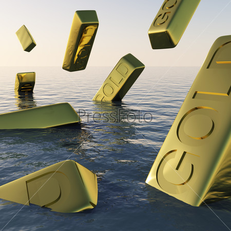 Gold Bars Sinking  Showing Depression Recession And Economic Downturns