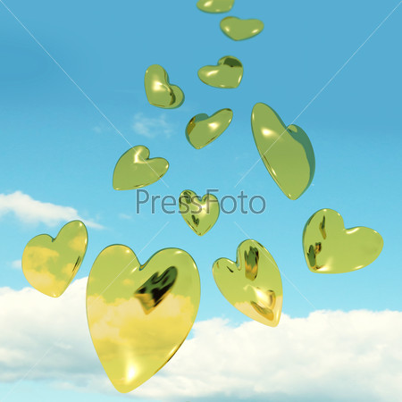 Metallic Gold Hearts Falling From The Sky Shows Love And Romance