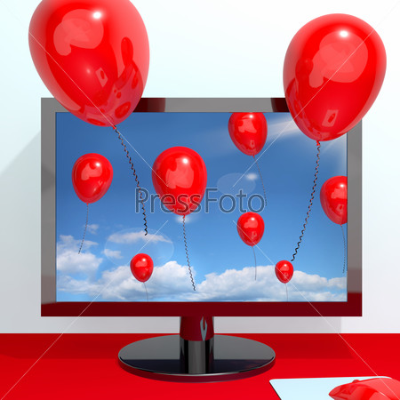 Festive Red Balloons In The Sky And Coming Out Of Screen For Online Celebrations