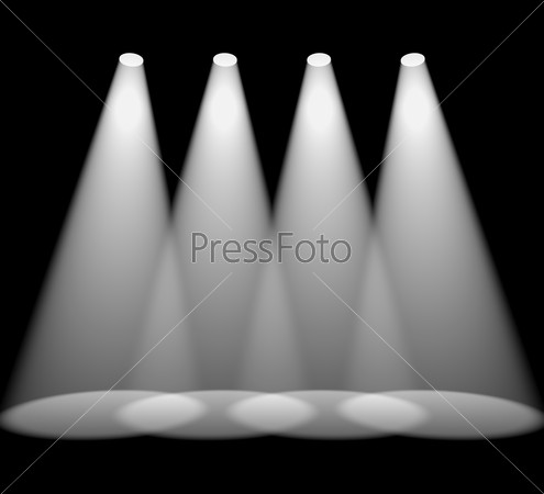 Four White Spotlights In A Row On Black For Highlighting A Product