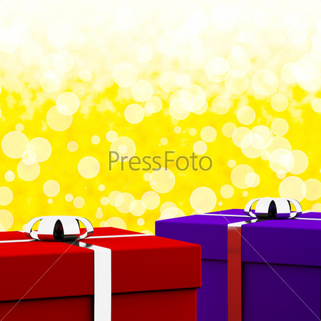 Red And Blue Gift Boxes With Yellow Bokeh Background As Present For Him And Her