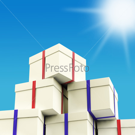 Stack Of Giftboxes With Sun And Sky Background As Presents For Family