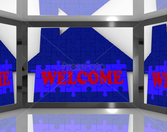 Welcome House On Screen Showing Welcoming Guests, stock photo