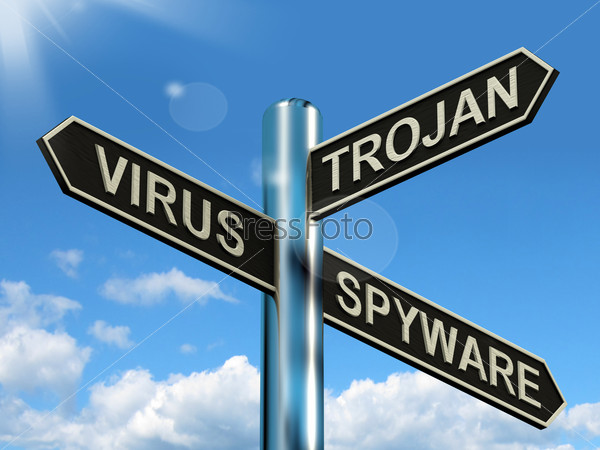 Virus Trojan Spyware Signpost Shows Internet Or Computer Threats