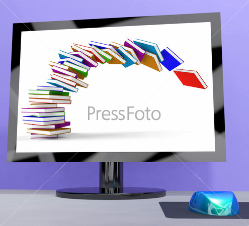 Stack Of Books Falling On Computer Shows Online Learning, stock photo
