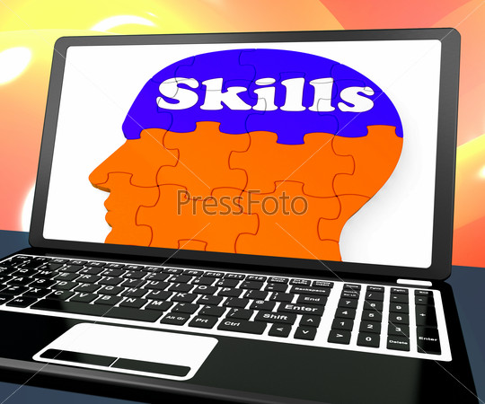 Skills On Brain On Laptop Showing Human Abilities And Talents