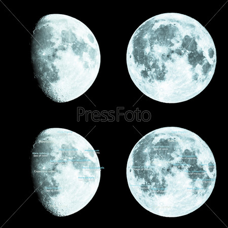 Moon atlas with seas and craters labels - Latin and English names - cool cold tone