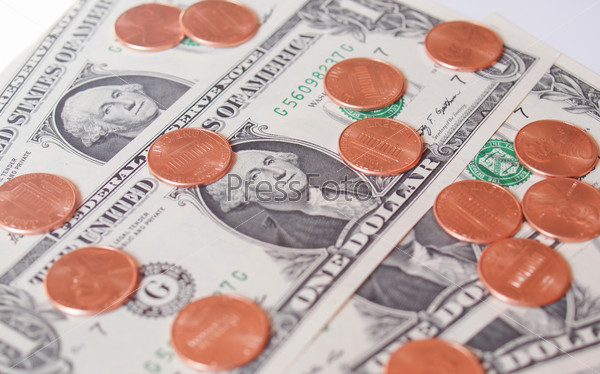 One cent coins and One Dollar banknotes  currency of the United States useful as a background