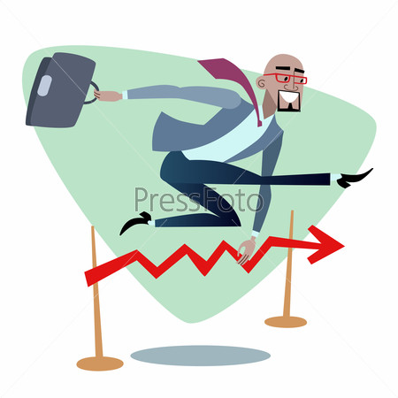 Businessman running and jumping over barriers schedule of sales. The topics of business through images of sport and athletes in the competition. Competition success and work