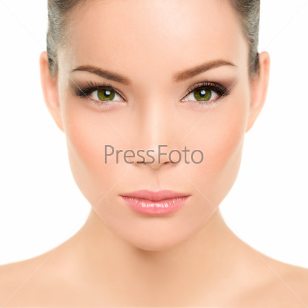 Beautiful asian woman with green eyes and perfect beauty makeup. Mixed race chinese caucasian young girl with green eyes cosmetic concept. Perfect features and skin.