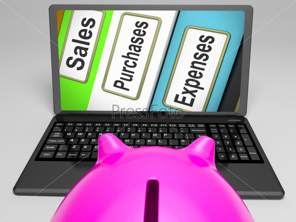 Sales Purchases Expenses Files On Laptop Shows Commerce And Transactions