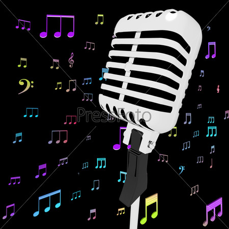 Microphone Music Closeup With Musical Notes Showing Songs Or Hits