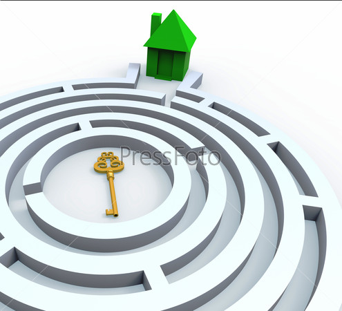 Key To Home In Maze Shows Property Or House Search, stock photo