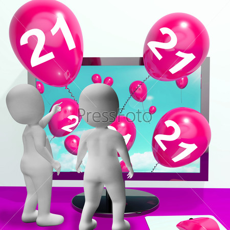 Number 21 Balloons from Monitor Showing Online Invitation or Celebration
