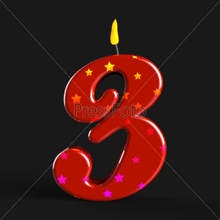 Number Three Candle Showing Colourful Or Red Birthday Candles