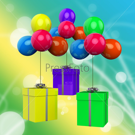Balloons With Presents Meaning Surprise Party And Birthday Presents, stock photo