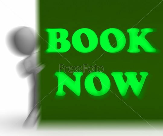Book Now Placard Showing Hotel Room And Flight Reservation, stock photo