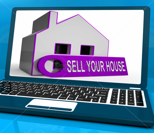Sell Your House Home Laptop Means Property Available To Buyers, stock photo