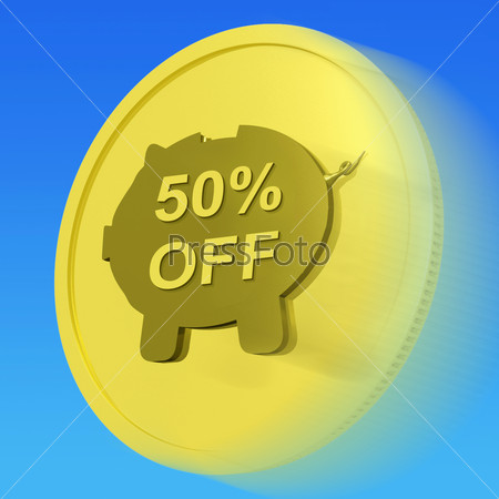 Fifty Percent Off Gold Coin Showing 50 Half-Price Deal
