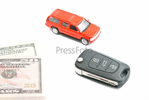 red car, keys and money