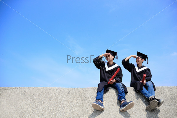 Two happy graduates student look sky , asian