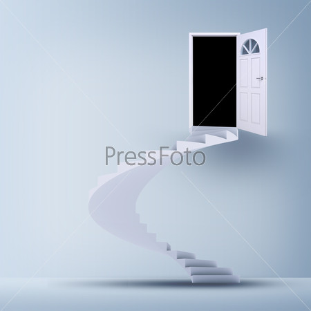 Open door and stairs on abstract white background