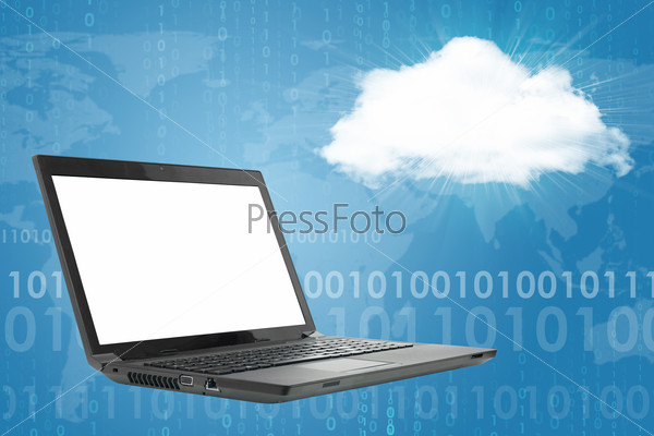 Laptop on abstract background with cloud and numbers. White screen