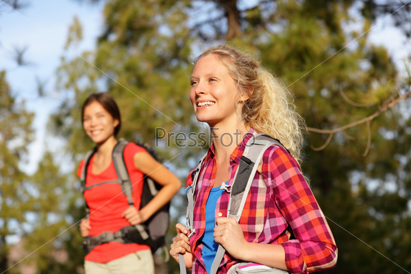 Active women - hiking girls walking in forest