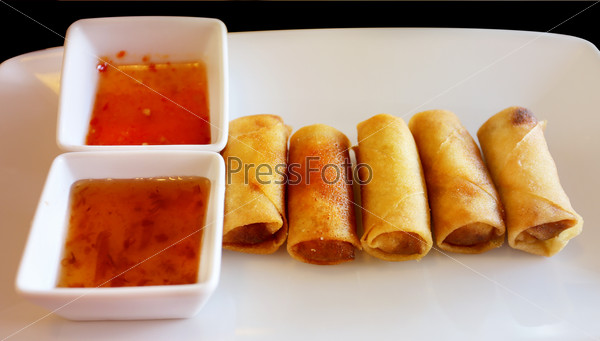 Delicious food spring rolls photographed close up, stock photo