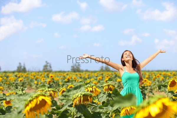 Happy carefree summer girl in sunflower field in spring. Cheerful multiracial Asian Caucasian young woman joyful, smiling with arms raised up.