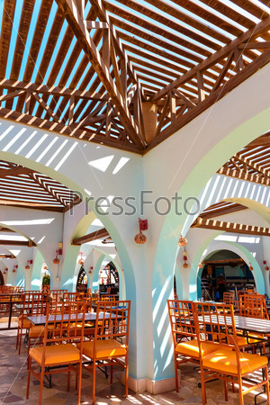 HURGHADA, EGYPT - MAY 16, 2015 The interior of the cafe. Transparent ceiling and light walls.