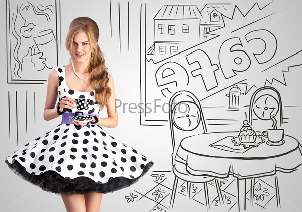 Creative vintage photo of a beautiful pin-up girl in a polka-dot dress in a cafe, holding a cup of tea on sketchy interior background.