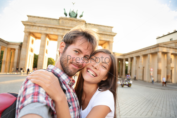 Stock Photo: Happy couple selfie, Brandenburg Gate, Berlin