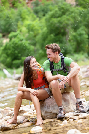 Hiking people - hiker couple happy in Zion Park