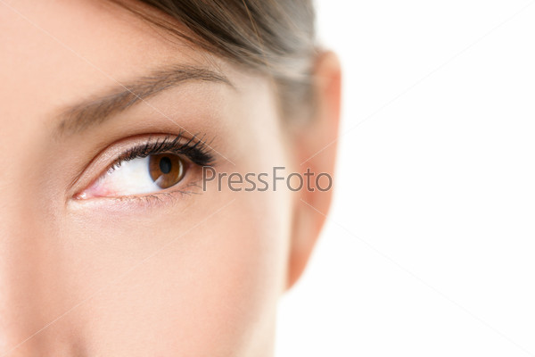 Stock Photo: Eye close up - brown eyes looking to side on white