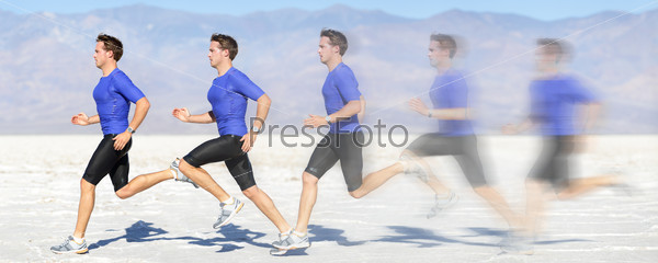 Running and sprinting man at great speed. Composite of male athlete runner sprinting fast on run in beautiful landscape. Sprinter in motion blur fast showing running movement.
