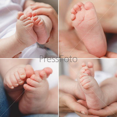 Close-up of baby\'s hands and feet collage. Mother holding baby. Baby\'s feet. collage newborn. baby in mom\'s hands
