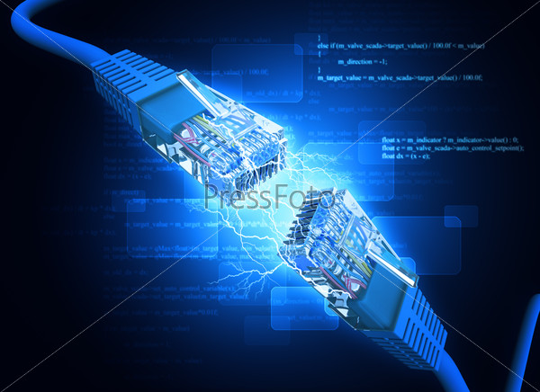Two computer cables on abstract blue background, stock photo