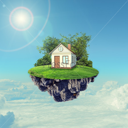 White house with brown roof and on island in sky with clouds and sun