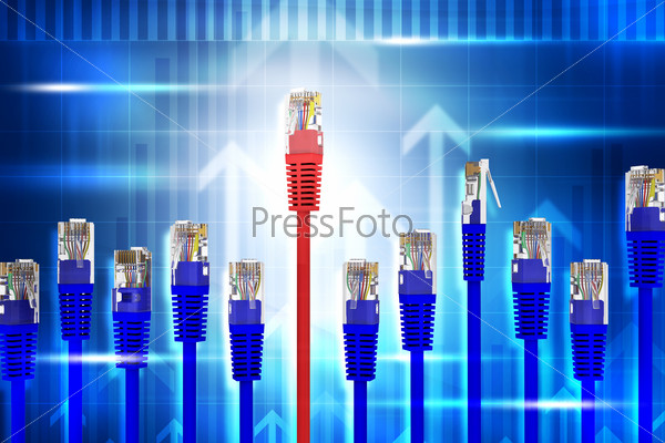 Set of computer cables on abstract blue background with arrows, stock photo