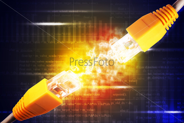 Two yellow computer cables on abstract colorful background, stock photo