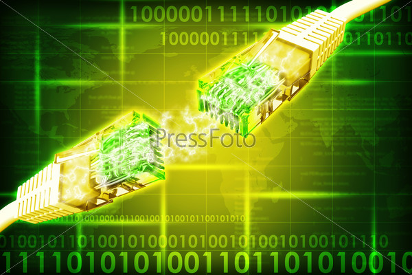 Two computer cables on abstract colorful background with world map
