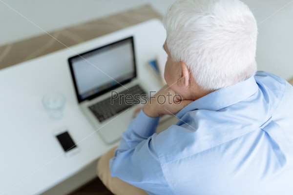 Back of head of senior man sitting at laptop