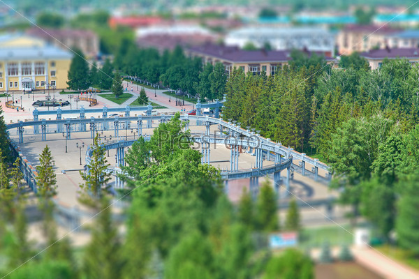 Top view of the area in the park tilt-shift
