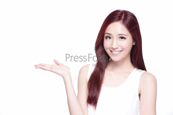 Beauty woman with charming smile to you with health skin, teeth and hair isolated on white background, asian beauty